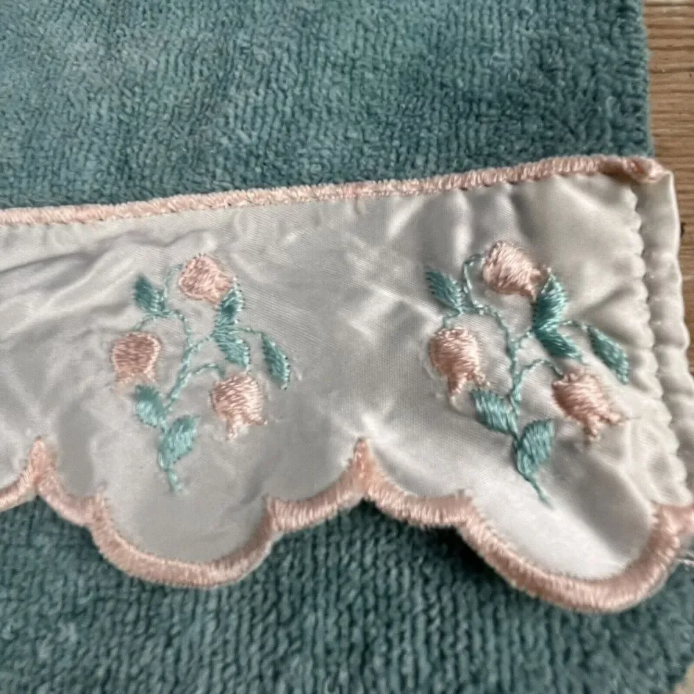 Vintage Set 6 Cannon Aqua Green Bath Hand Wash Towels Floral Satin Ruffle USA